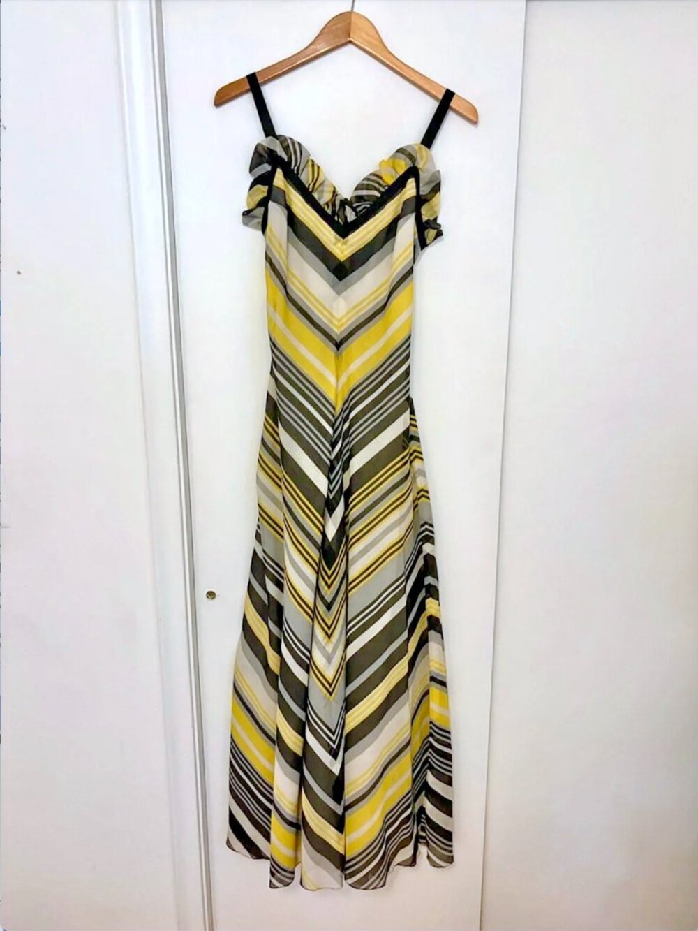 RARE Vintage Fred Perlberg Voile Chevron Maxi Dress with Ruffle Neckline